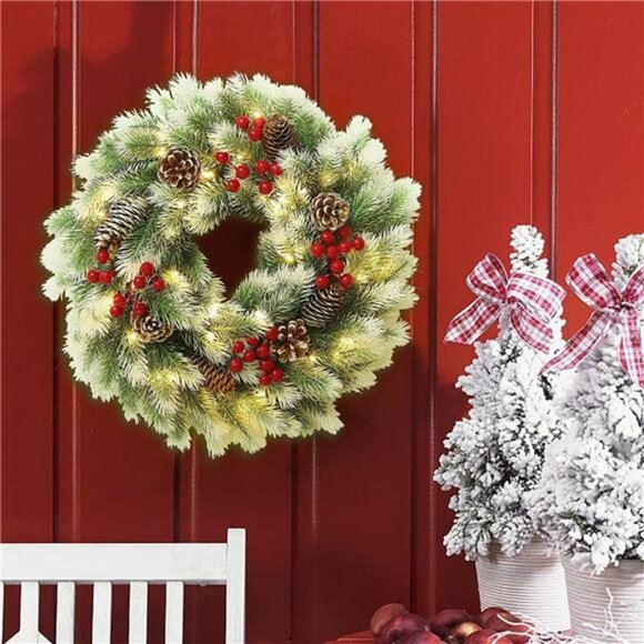 16 Inch Pre-Lit Christmas Wreath with Metal Hanger, Light Up Mountain Fir Pine - Picture 2 of 6